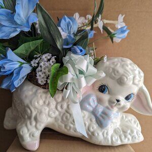 Vintage Playful Baby Lamb with Poke Dot Bow Tie Ceramic Planter Nursery Decor
